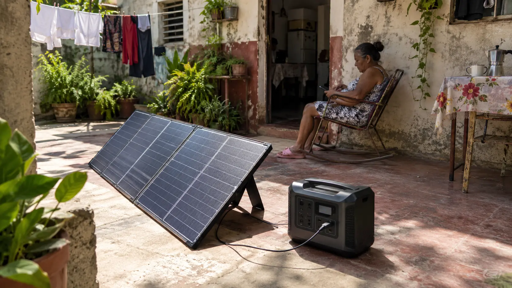 Panel solar y estación de energía en un patio cubano