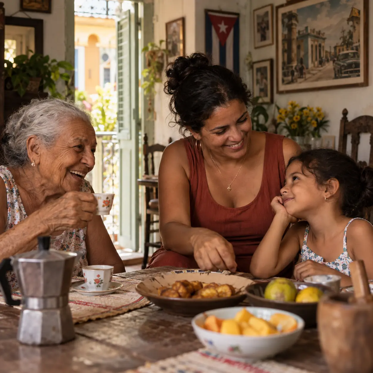 Tres generaciones comparten alimentos en una mesa familiar