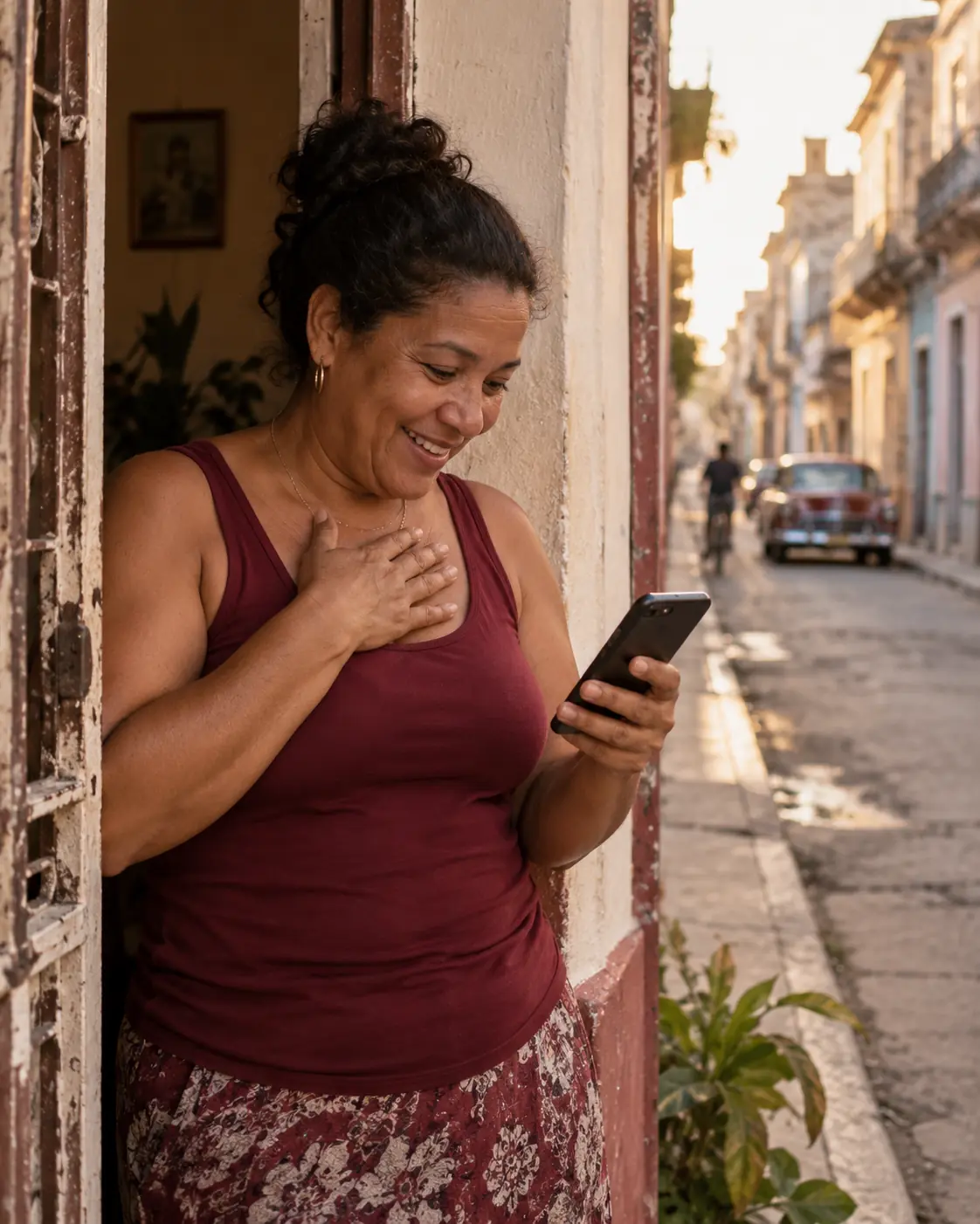 Mujer cubana sonríe mientras lee un mensaje en su teléfono