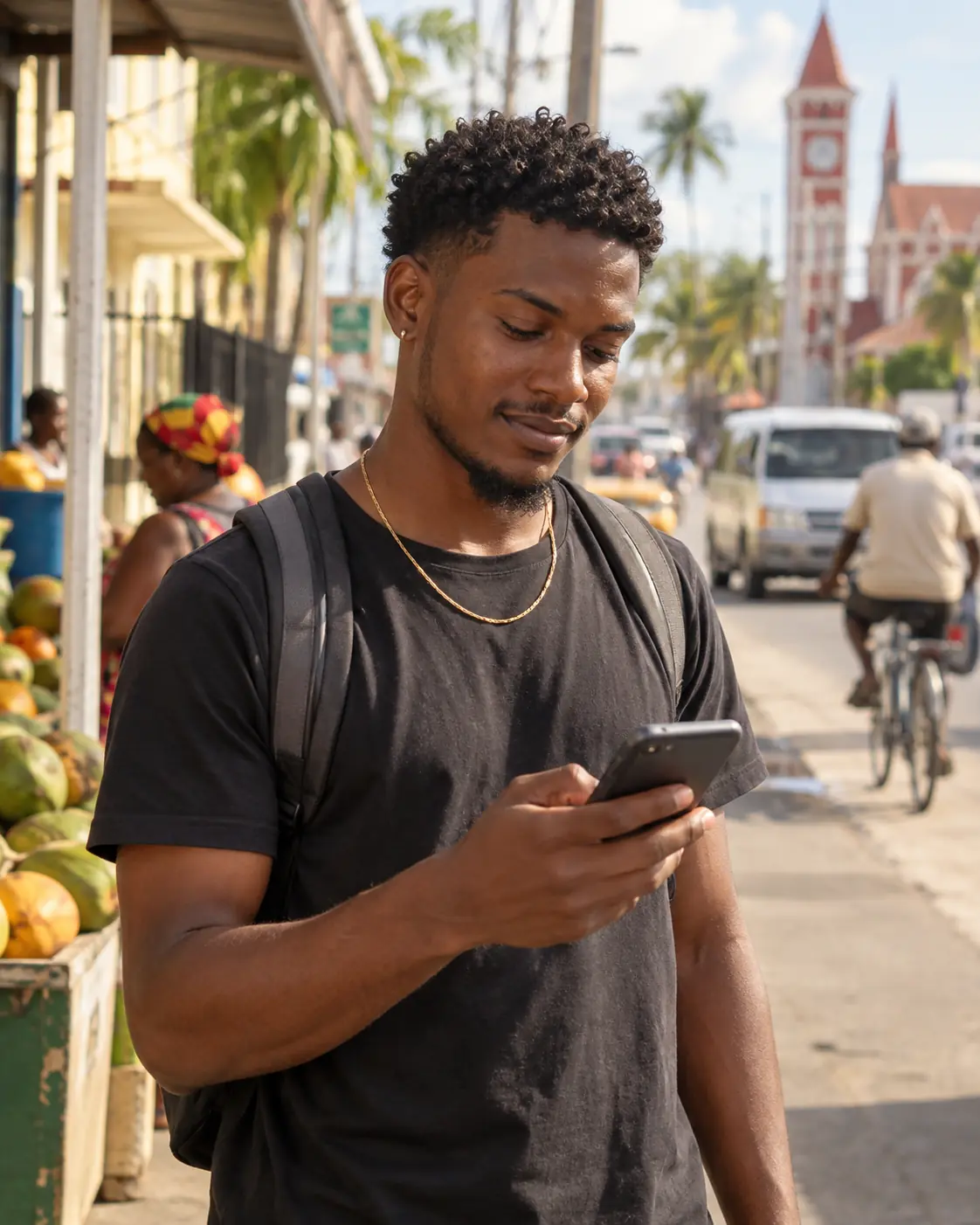 Joven consulta su teléfono en una calle comercial en Guyana